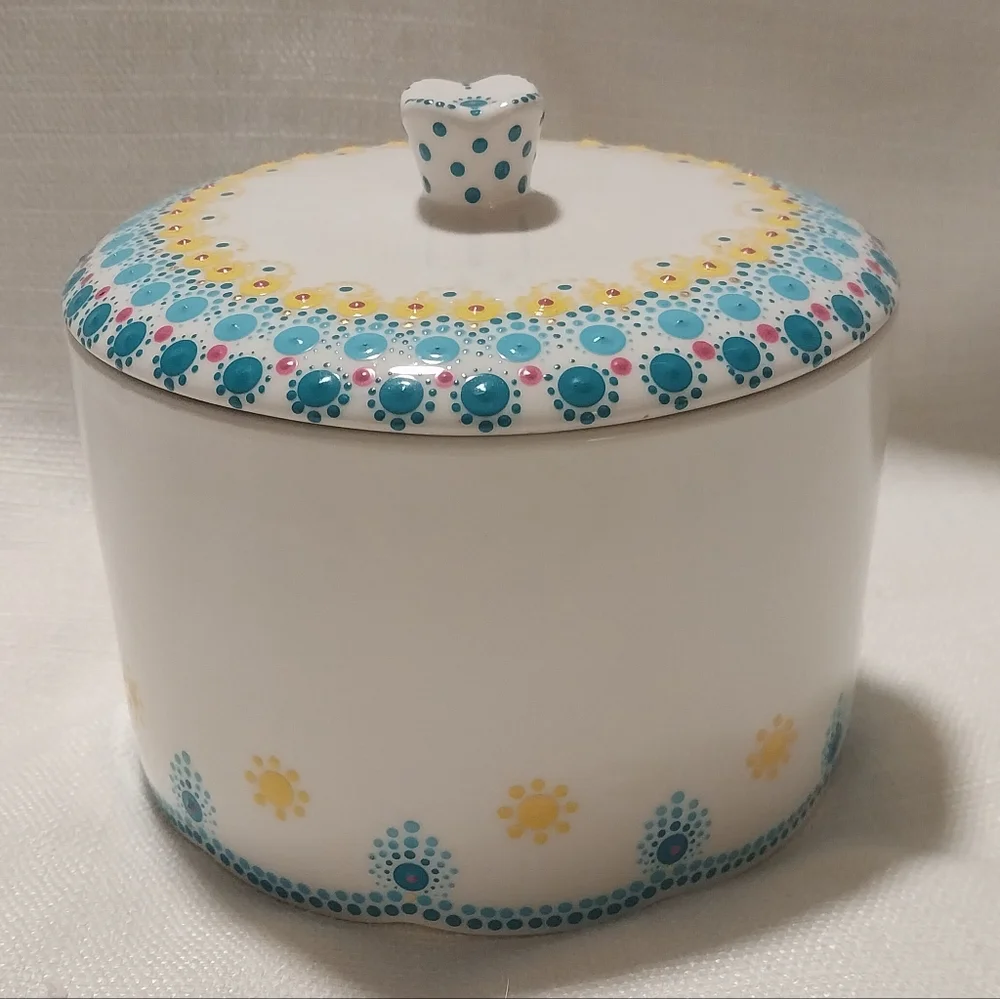 Ciroa White Multicolor Handpainted Pattern Porcelain Trinket Jar Sugar Bowl